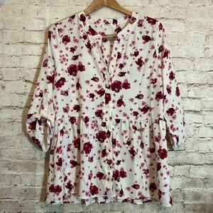 Poema Babydoll Top Womens XL Pink & White Floral Roll Tab Sleeve Button Front